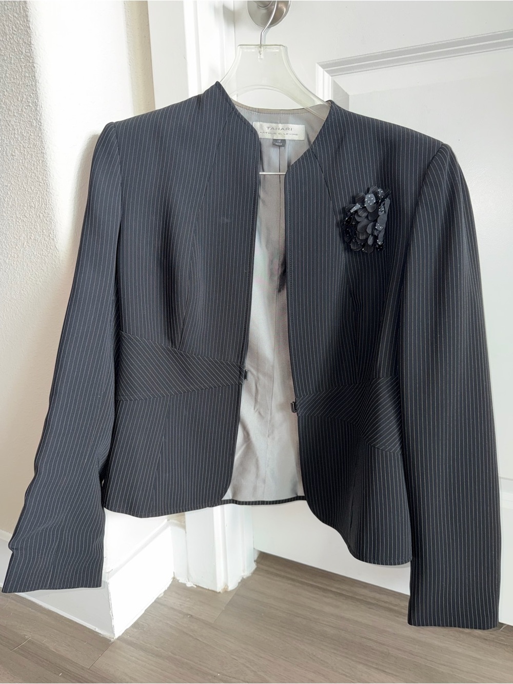 Black Pinstripe Womens Collarless Blazer Jacket